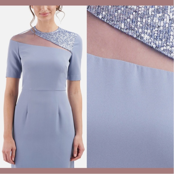 NEW $248 JS Collections [ 8 ] Sequin Hayden Knee Length Dress Denim‎ Blue - Picture 2 of 13